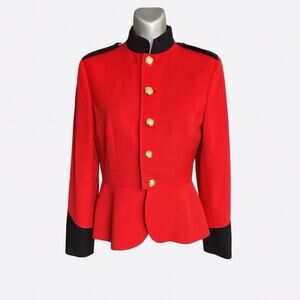 Ralph Lauren Red Wool Military Blazer Peplum Jacket Gold Italy Women 10 (Fits S)